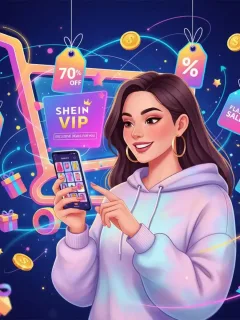 Mujer joven sonriente navegando por la aplicación SHEIN en su smartphone, con el logo VIP destacado y símbolos de descuentos flotando alrededor.