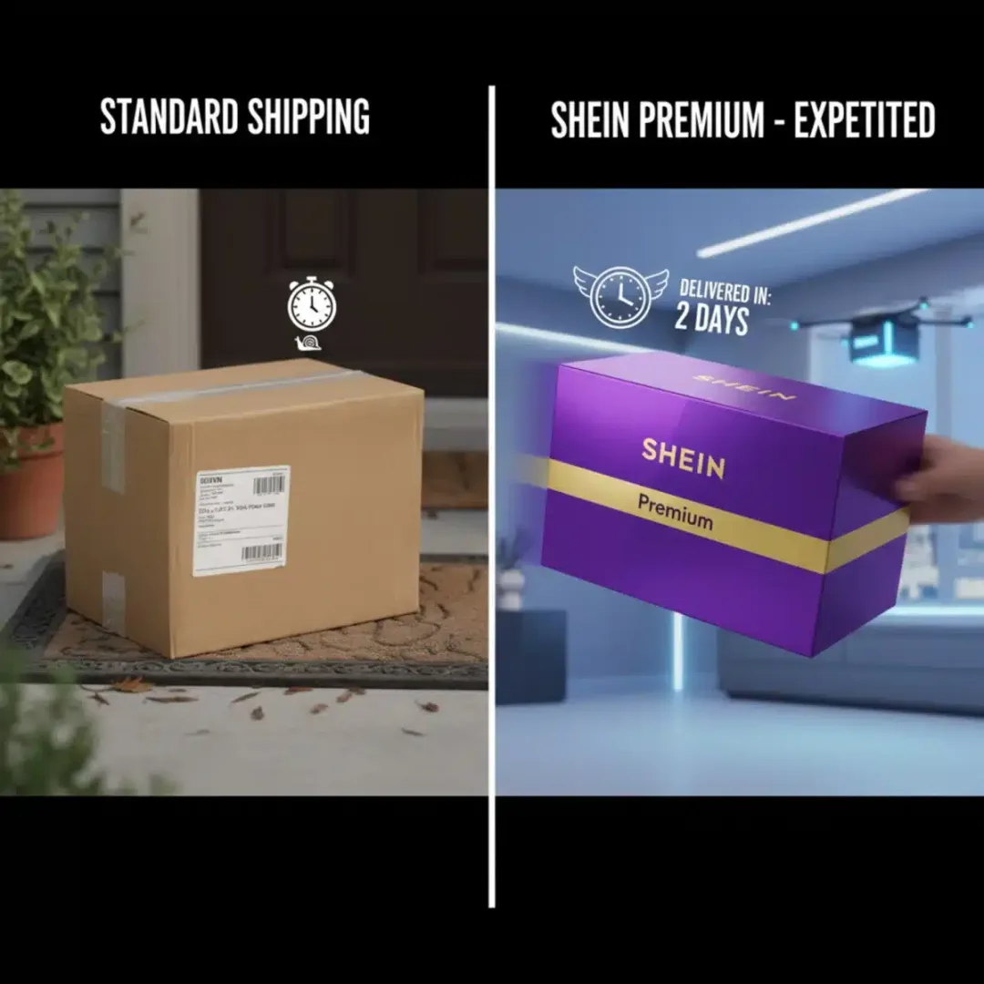 Comparación visual entre envío estándar y envío rápido de SHEIN Premium.