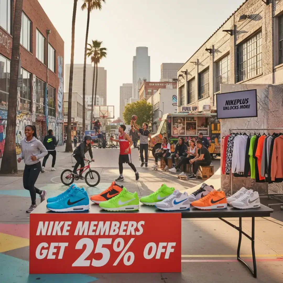 Zapatillas y ropa Nike con un cartel de 25% de descuento, destacando beneficios exclusivos para miembros en Estados Unidos.