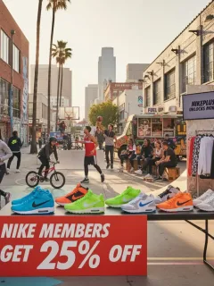 Zapatillas y ropa Nike con un cartel de 25% de descuento, destacando beneficios exclusivos para miembros en Estados Unidos.