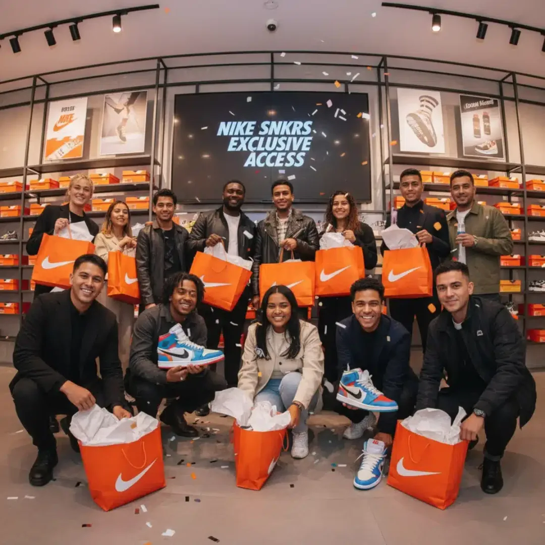 Grupo de personas felices mostrando zapatillas Nike de edición limitada recién adquiridas en un evento exclusivo.