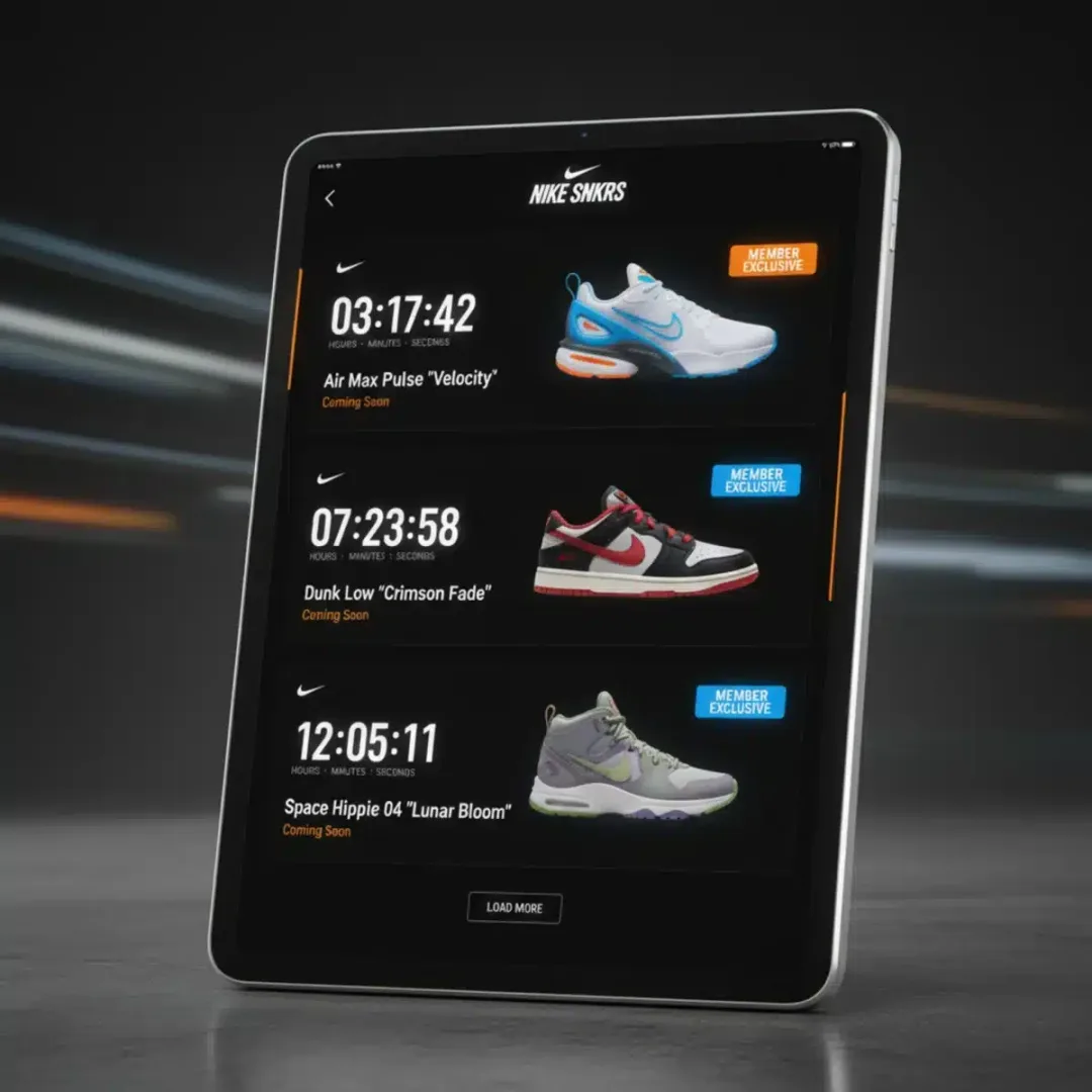 Interfaz de la aplicación Nike SNKRS en una tableta, mostrando próximos lanzamientos de zapatillas con temporizadores y distintivos de exclusividad para miembros.