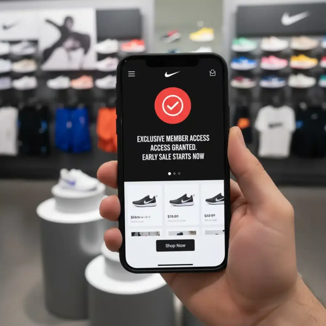 Pantalla de móvil con la aplicación Nike mostrando una oferta exclusiva para miembros, con zapatillas y ropa Nike de fondo.