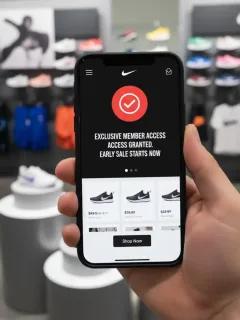 Pantalla de móvil con la aplicación Nike mostrando una oferta exclusiva para miembros, con zapatillas y ropa Nike de fondo.