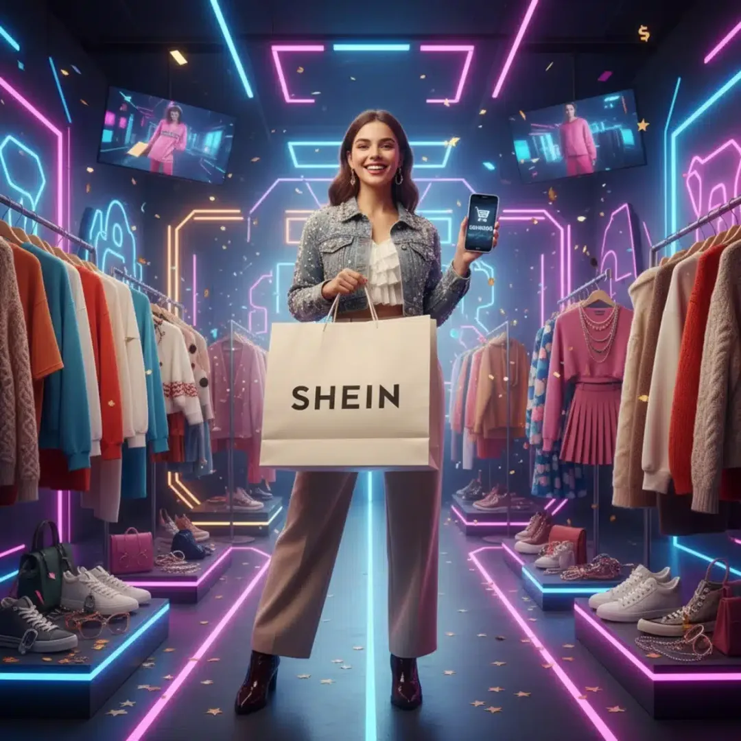 Joven sonriente con bolsa de compra SHEIN y ropa de moda, simbolizando un descuento exclusivo.