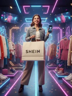 Joven sonriente con bolsa de compra SHEIN y ropa de moda, simbolizando un descuento exclusivo.