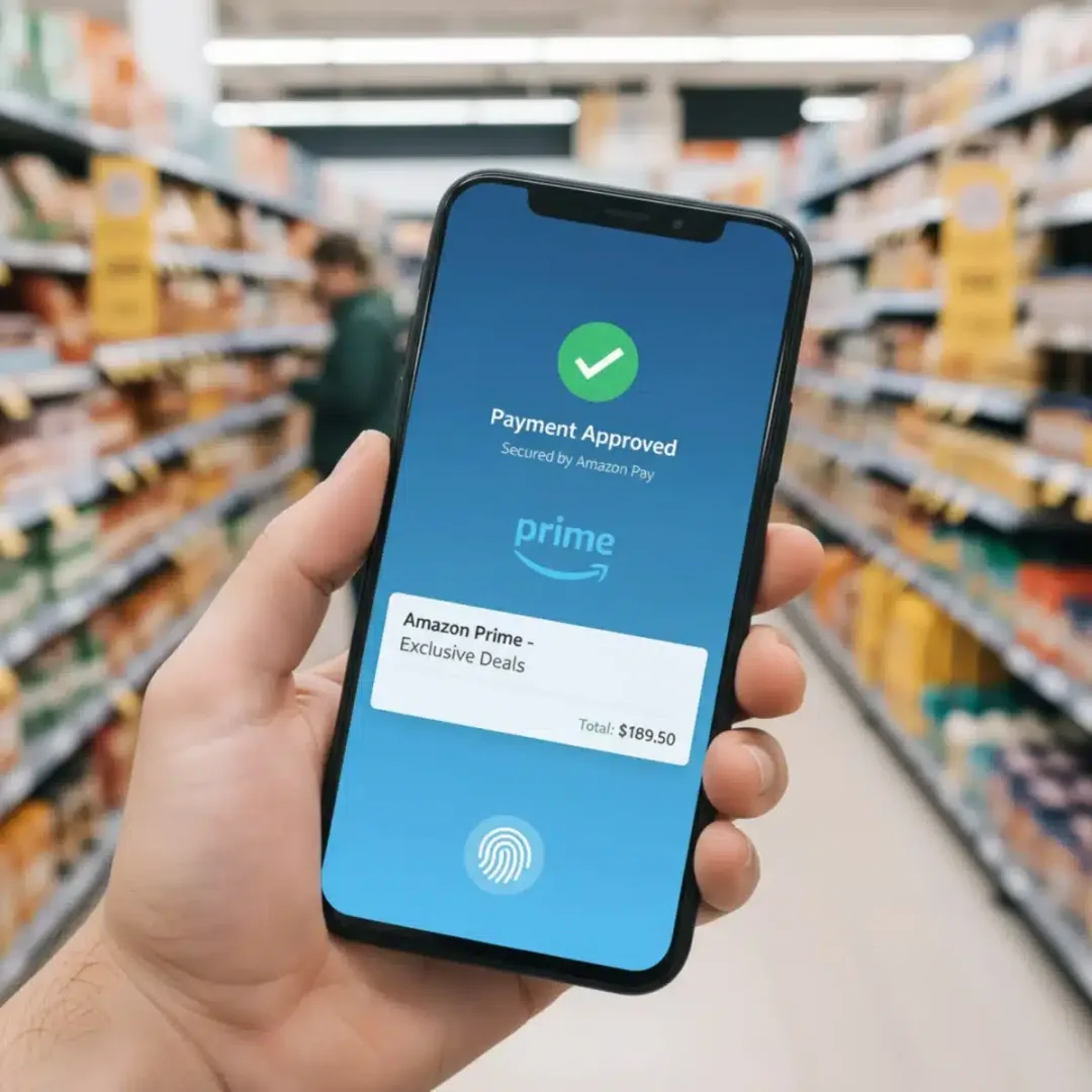 Pantalla de smartphone mostrando una compra segura en Amazon, destacando la comodidad de las transacciones online y la seguridad.