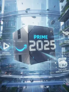 Caja de Amazon Prime con elementos digitales y el año 2025, simbolizando los cambios futuros en los servicios y beneficios.