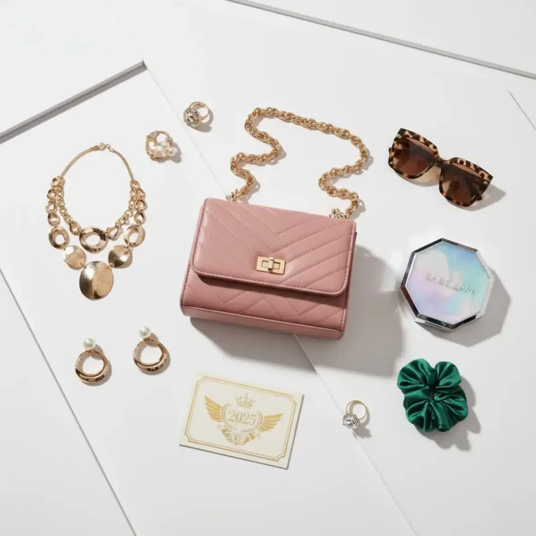 Accesorios y productos de belleza de las nuevas colecciones SHEIN 2025, dispuestos para una fotografía de flat lay.
