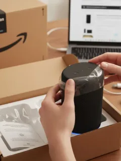 Persona abriendo un paquete de Amazon con un producto electrónico, simbolizando la recepción de artículos gratuitos en Amazon Vine.