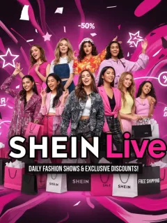 Modelos sonrientes en un evento SHEIN Live, rodeadas de símbolos de descuento y moda, representando las ofertas en vivo.