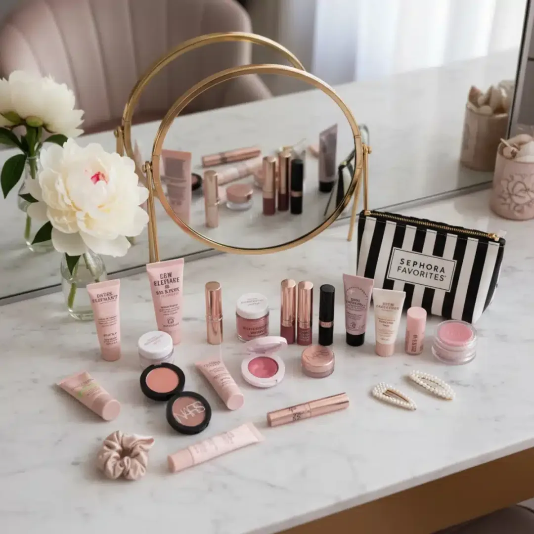 Variedad de productos de belleza miniatura de Sephora Favorites en un tocador.