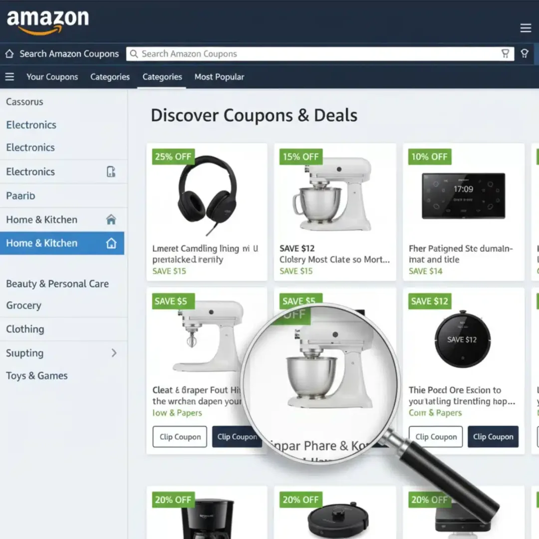 Interfaz de Amazon mostrando la sección de cupones, con diversas ofertas destacadas y un botón para 'recortar cupón'.