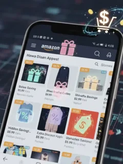 Mujer joven sonriendo mientras revisa ofertas de cupones en su teléfono, con el logo de Amazon difuminado al fondo.