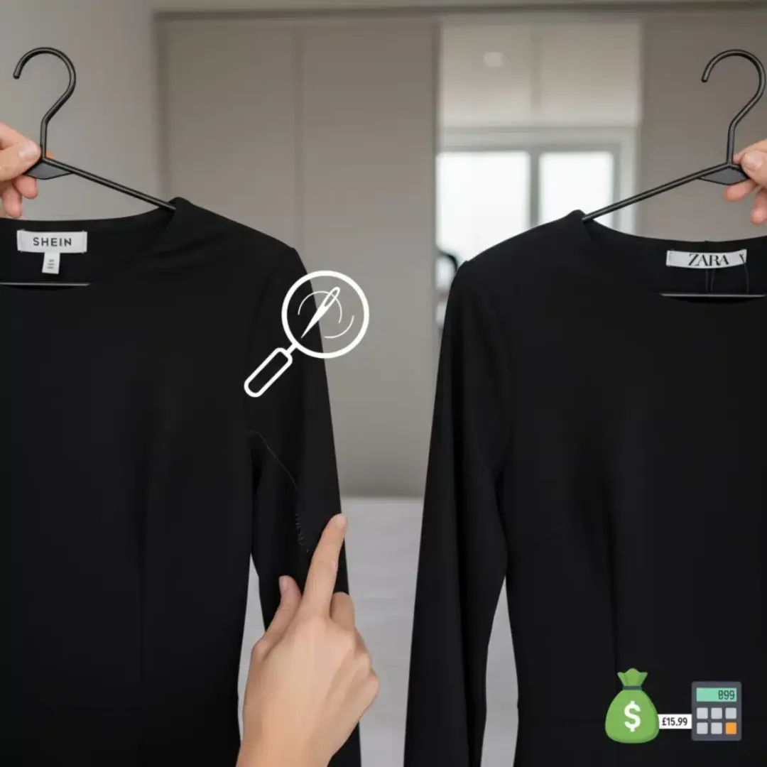 Comparación de dos prendas similares, una de SHEIN y otra de una tienda, mostrando diferencias en calidad y acabados para una compra inteligente.