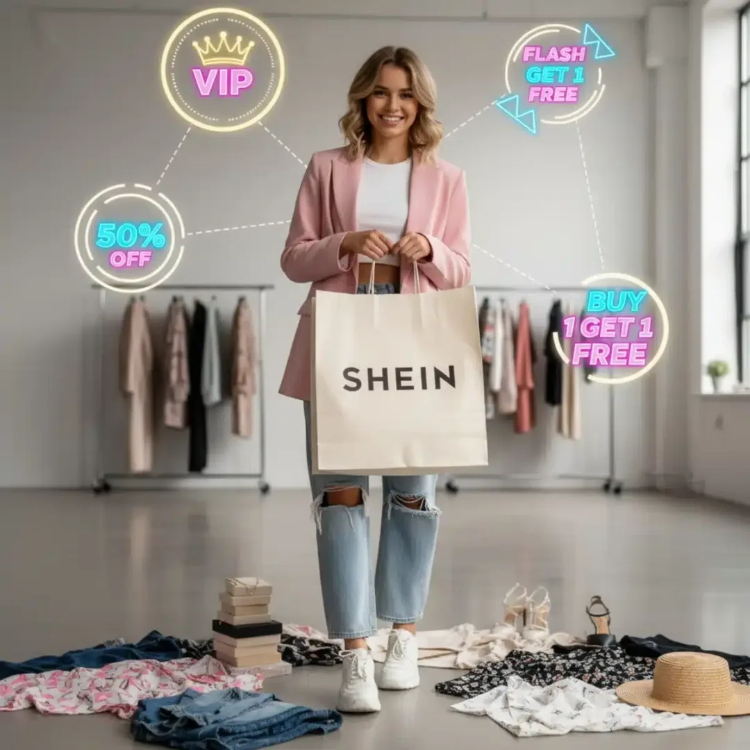 Joven sonriente con bolsa de SHEIN, rodeada de iconos de descuentos y beneficios VIP.