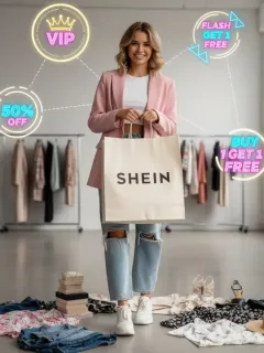 Joven sonriente con bolsa de SHEIN, rodeada de iconos de descuentos y beneficios VIP.