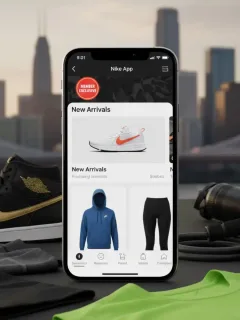Pantalla de la Nike App mostrando recompensas exclusivas para miembros en Estados Unidos, con zapatillas y ropa deportiva de fondo.