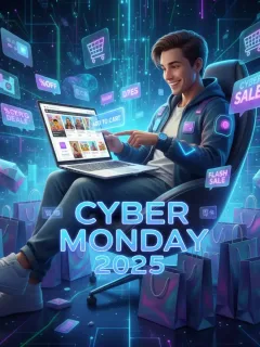 Persona comprando en línea con entusiasmo durante el Cyber Monday 2025, rodeada de bolsas de compra y descuentos digitales, en un ambiente futurista.