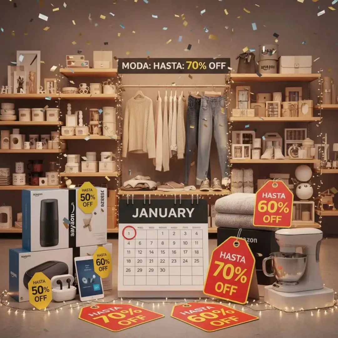 Productos diversos de Amazon con etiquetas de descuento, enfatizando las ofertas de enero.