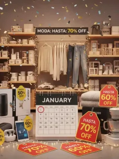 Productos diversos de Amazon con etiquetas de descuento, enfatizando las ofertas de enero.