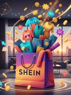 Bolsa de compras de SHEIN con monedas y etiquetas de descuento, simbolizando el ahorro con puntos.