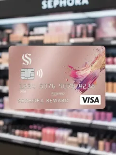 Tarjeta de crédito Sephora con productos de belleza en el fondo, simbolizando compras y recompensas.