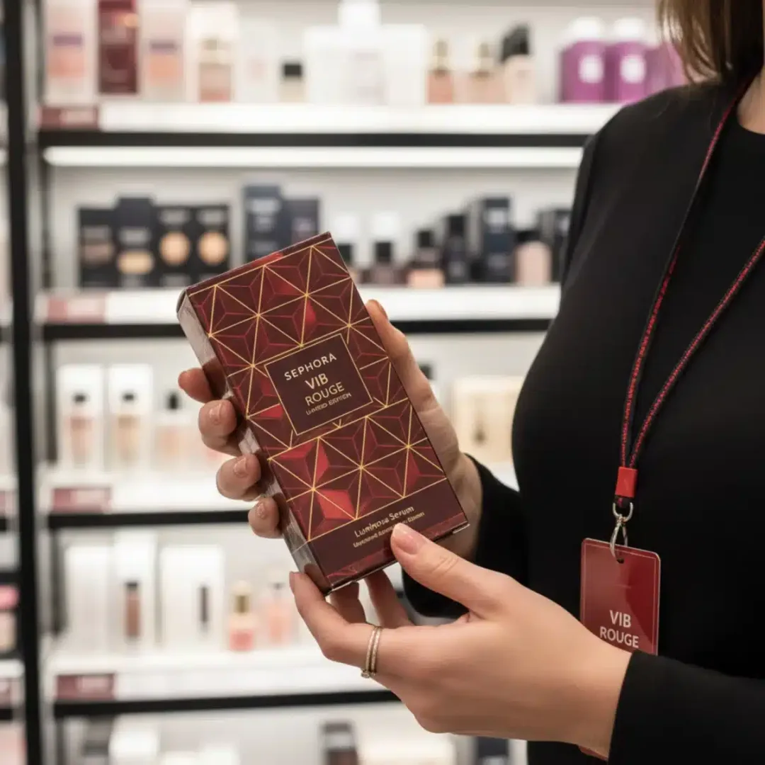 Miembro VIB Rouge de Sephora explorando un nuevo producto exclusivo.