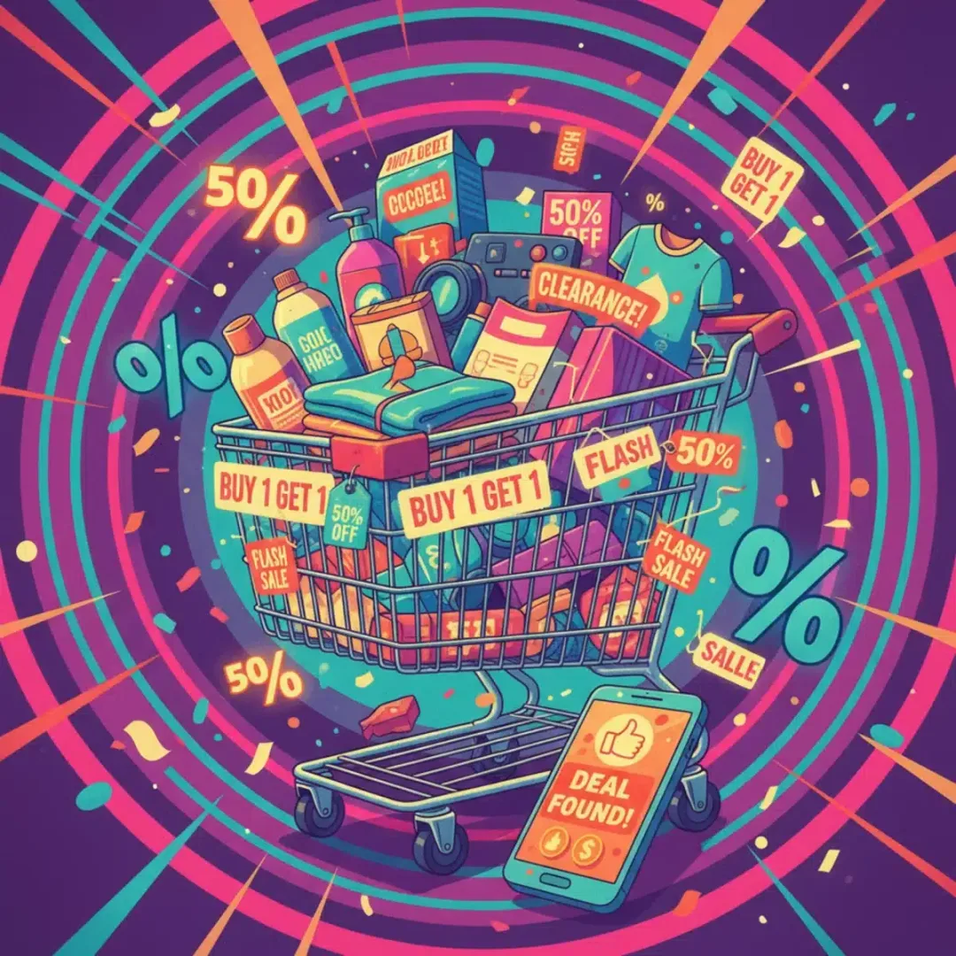 Carrito de compras lleno de productos con etiquetas de descuento y un móvil con una oferta.