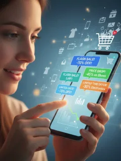 Persona viendo alertas de precios en su smartphone con grandes descuentos.