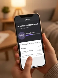 Pantalla de smartphone con la interfaz de seguimiento de pedidos de SHEIN mostrando el estado del envío.