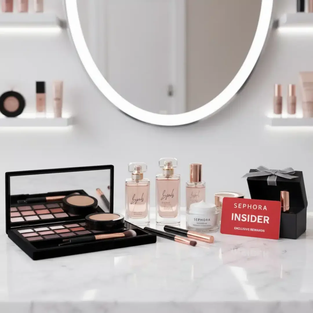 Variedad de productos de belleza y una tarjeta Sephora Insider, representando productos gratis y ventajas exclusivas.