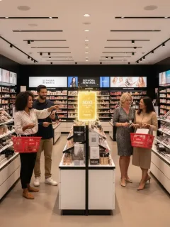 Mujeres felices comprando productos de belleza en una tienda Sephora, simbolizando los beneficios de Sephora Rewards.