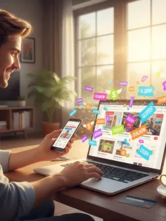 Persona sonriendo mientras aplica un cupón de descuento en una tienda online, con símbolos de ahorro alrededor.