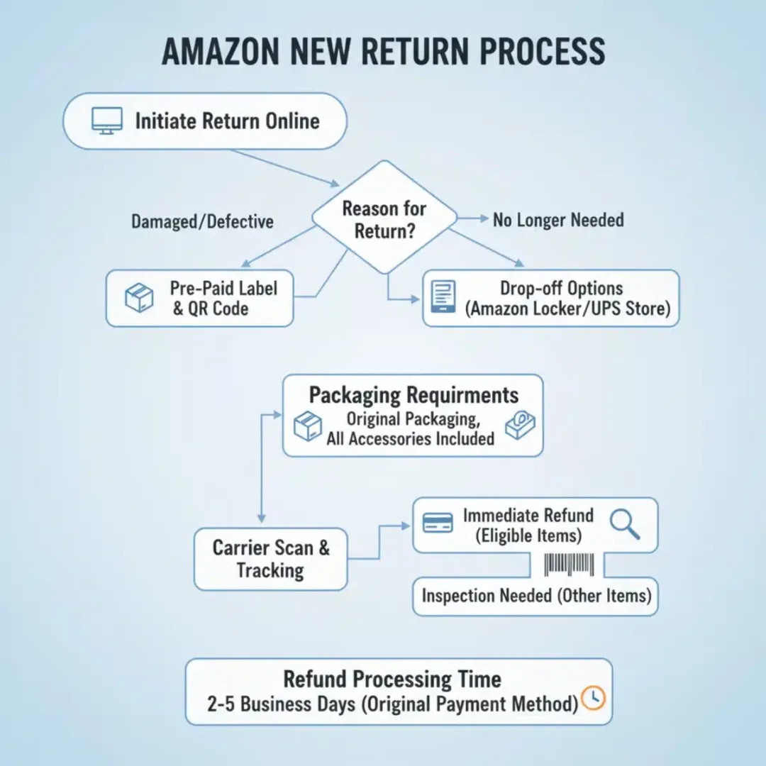 Diagrama de flujo detallado del nuevo proceso de devoluciones de Amazon en 2025.
