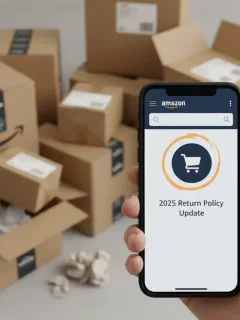 Mujer examinando cambios en la política de devoluciones de Amazon para 2025 en su móvil.