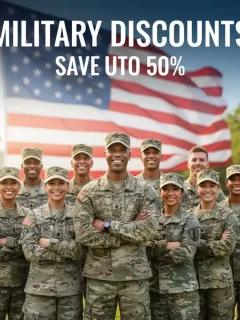 Militares y veteranos sonrientes, con la bandera de Estados Unidos de fondo, simbolizando los beneficios de descuentos.