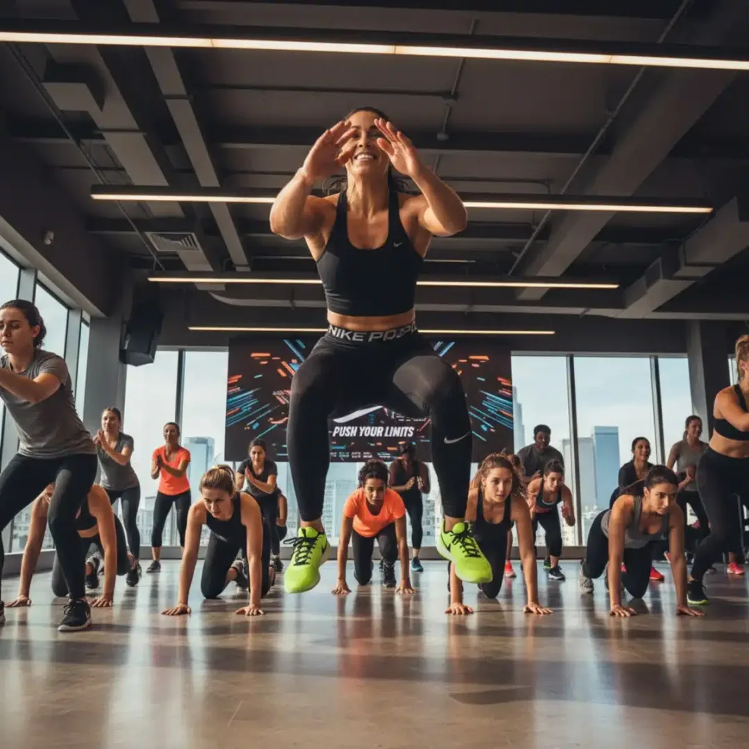 Miembro de Nike Training Club participando en una clase de fitness grupal exclusiva en Estados Unidos.