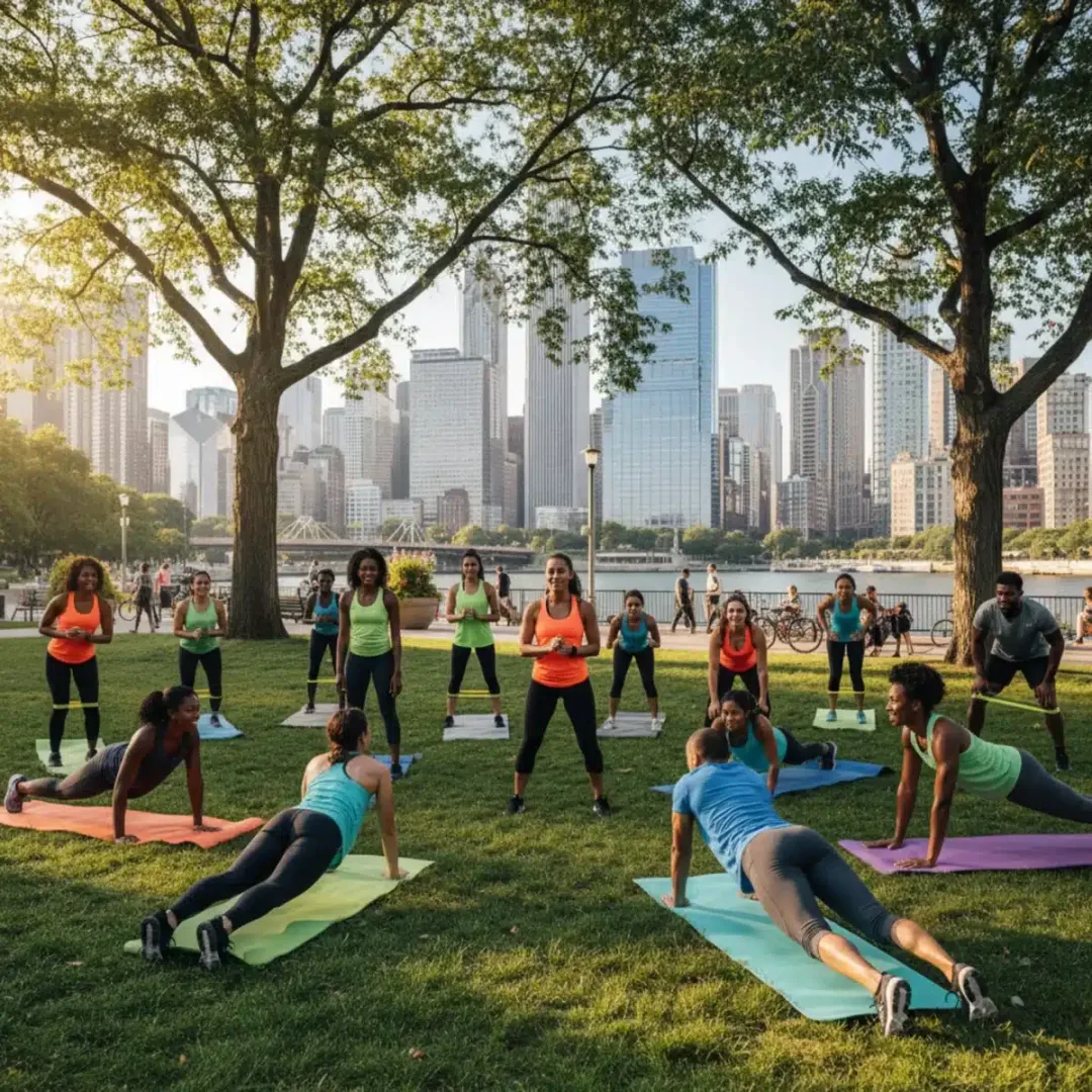 Grupo diverso de atletas realizando un entrenamiento de Nike Training Club en un parque urbano de Estados Unidos.