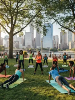 Grupo diverso de atletas realizando un entrenamiento de Nike Training Club en un parque urbano de Estados Unidos.