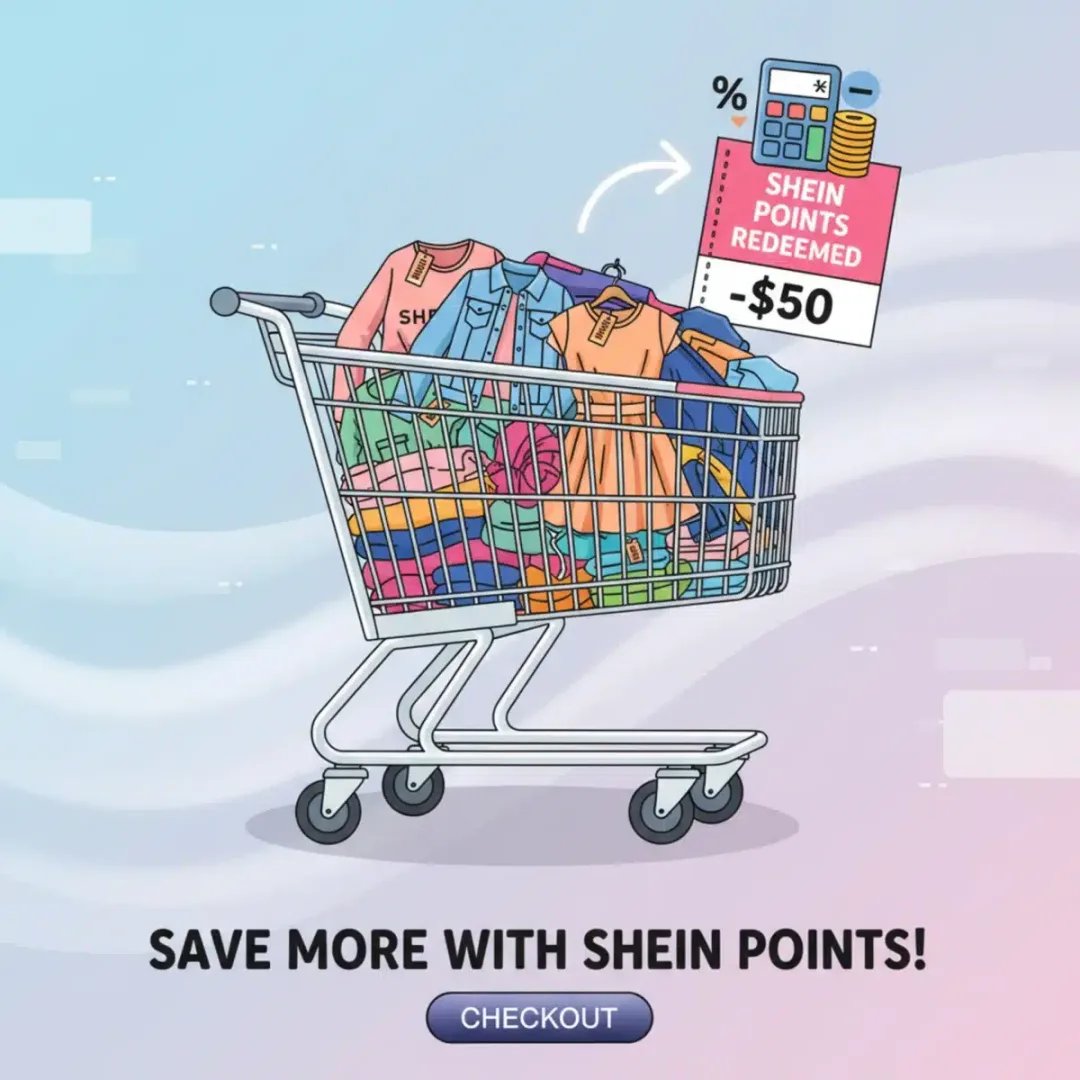 Ilustración de un carrito de compras SHEIN con un símbolo de descuento, representando el canje de puntos para obtener rebajas.