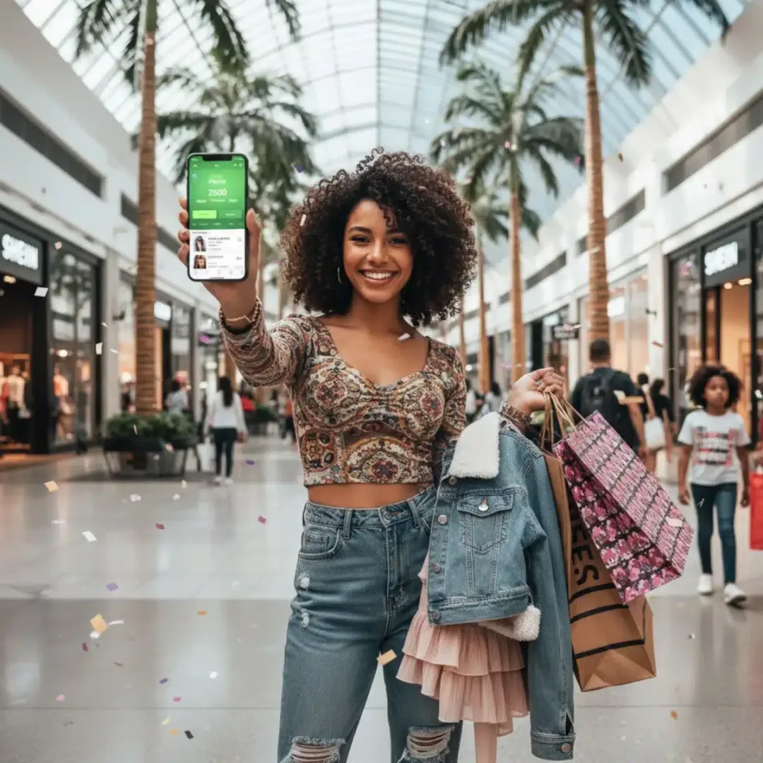 Mujer joven sonriendo mientras usa la aplicación de SHEIN en su teléfono, mostrando la sección de puntos, con bolsas de compra y ropa de moda alrededor.