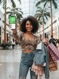Mujer joven sonriendo mientras usa la aplicación de SHEIN en su teléfono, mostrando la sección de puntos, con bolsas de compra y ropa de moda alrededor.