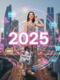 Mujer joven sonriente con bolsa de SHEIN, rodeada de iconos de moda y ofertas, representando las novedades de 2025.
