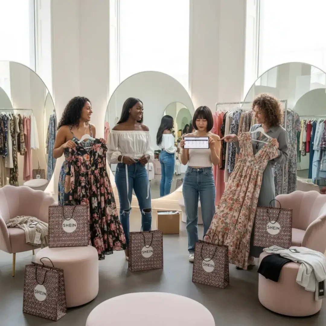 Mujeres felices probándose ropa de SHEIN y consultando una guía de tallas en una tienda moderna.