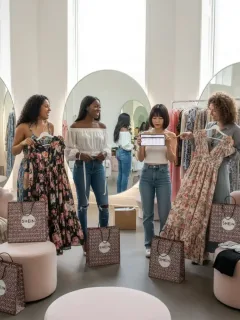 Mujeres felices probándose ropa de SHEIN y consultando una guía de tallas en una tienda moderna.