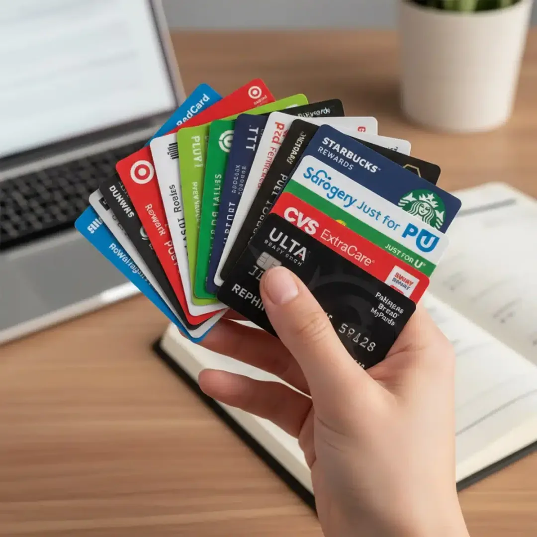 Mano sosteniendo varias tarjetas de fidelización de diferentes tiendas en Estados Unidos.