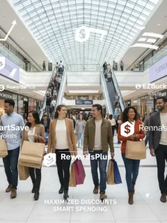 Clientes felices con bolsas de compra en un centro comercial, simbolizando descuentos maximizados con programas de fidelización en EE. UU.