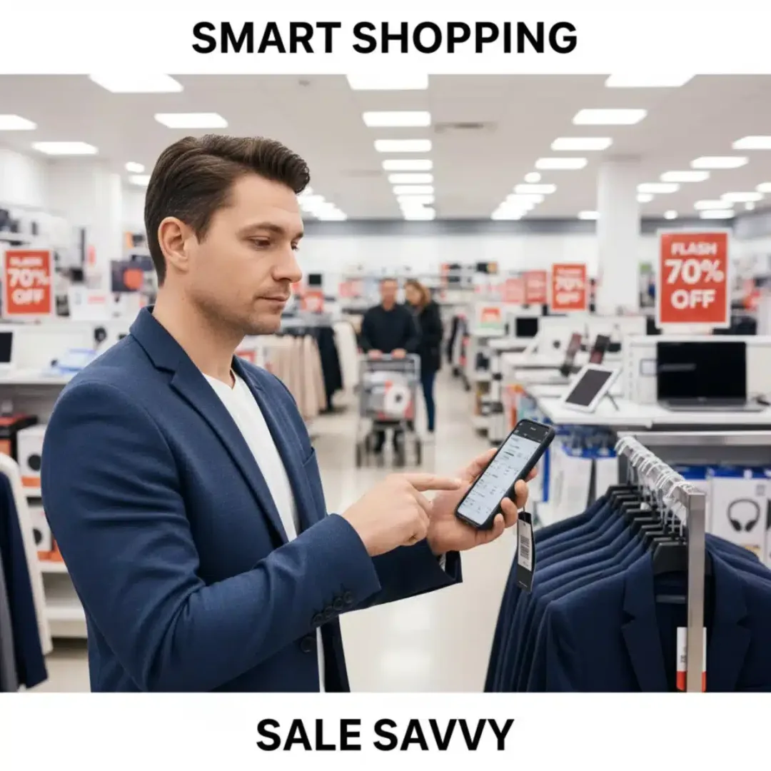 Persona comparando precios de productos en liquidación en una tienda, utilizando su smartphone para encontrar las mejores ofertas.
