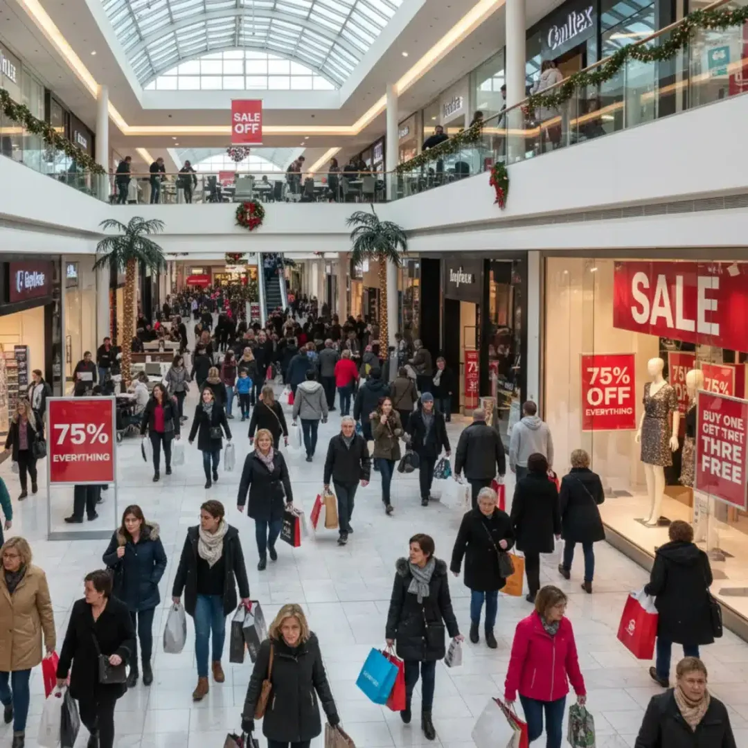 Gente comprando en un centro comercial con carteles de liquidación post-navideña y descuentos de hasta el 75% en Estados Unidos.